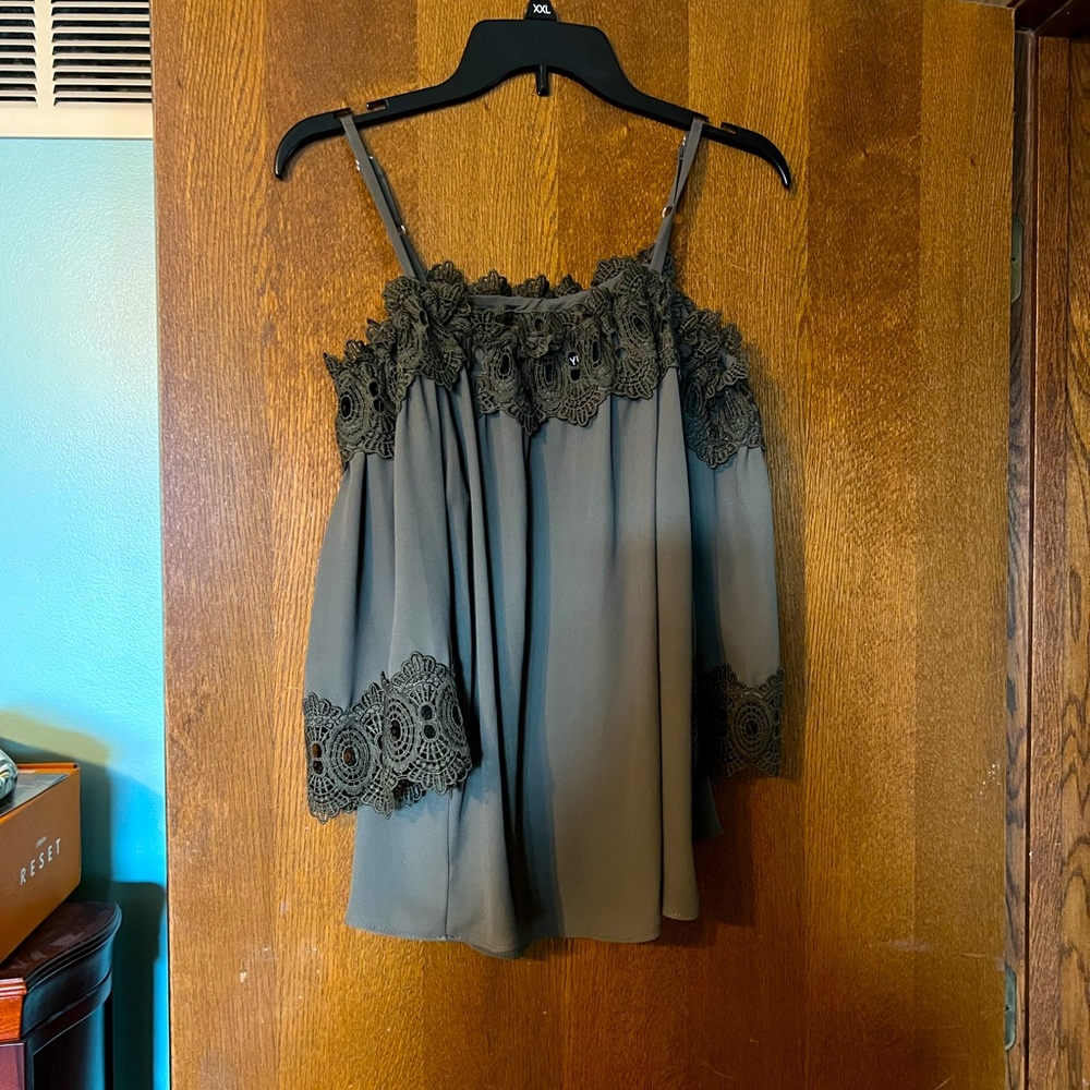 Olive off shoulder top with lace detail